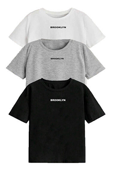 coolart Pachet de 3 tricouri pentru copii Brooklyn - Negru Gri Alb Imprimat T...