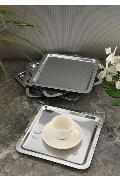 DENİZ HOME Stainless Square Presentation Tray for 6 Coffee