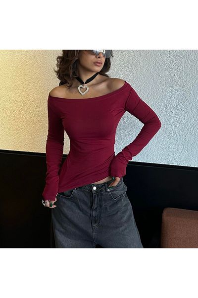 Köstebek Body de bază cu mânecă lungă pe jumătate burgundă