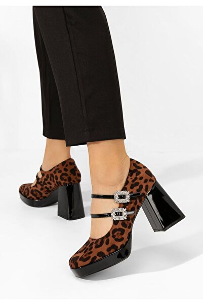 B T Shoes Ελάνι Λεοπάρ Παπούτσια με Χοντρό Τακούνι