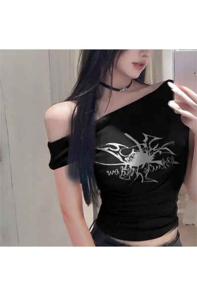 Karakedi Off Shoulder Λεπτομέρεια Βουργουνδίας κοντό μανίκι μισό σώμα