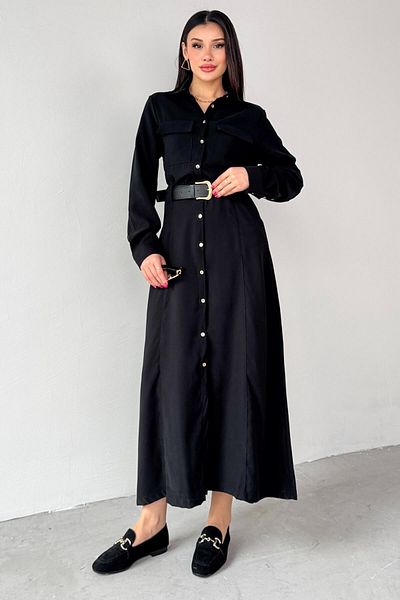 Cappmoda ELB-8189 Μαύρη ζώνη με λεπτομέρεια φόρεμα με κουμπιά