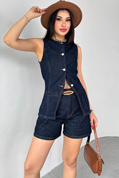 Cappmoda Tkm-0432 Navy Blue Denim Buttoned Vest Boyfriend Shorts Double Set