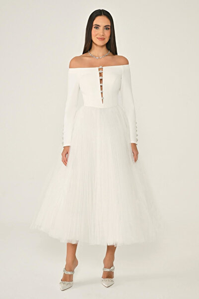 ALFABETA تنورة مفتوحة الكتف بأكمام تول فستان سهرة متوسط ​​الطول 25Y6844 ألفا ...