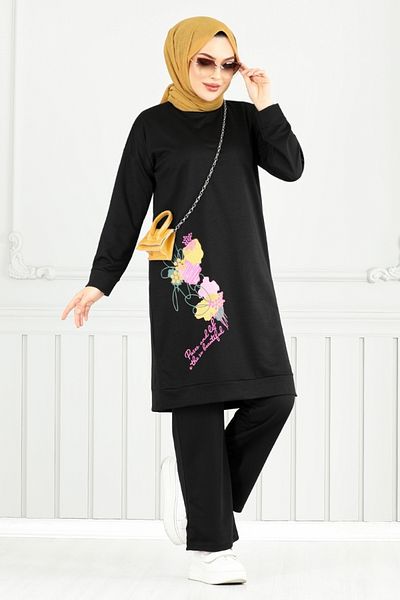 ModaMerve Floral Printed Hijab Suit 5093Uz1029-M Black