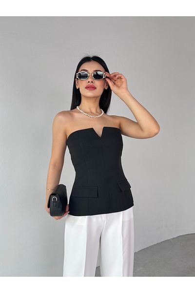 Cappmoda BLZ-06278 Μαύρη V Χαμηλή Στράπλες Μπλούζα Μπουστάκι