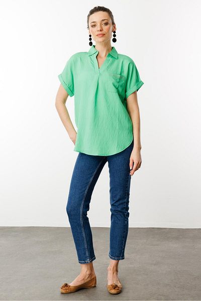 Desen Triko Guler polo pentru femei Green Hexagon, cu mânecă joasă, verde