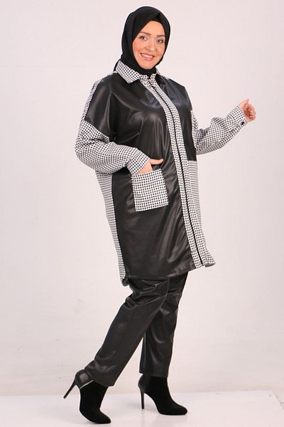 Eslina Plus Size Houndstooth - Δερμάτινο Σετ Παντελόνι - Μαύρο