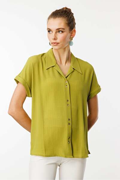 Desen Triko Women's Crepe Fabric Glitter Shirt F.Green