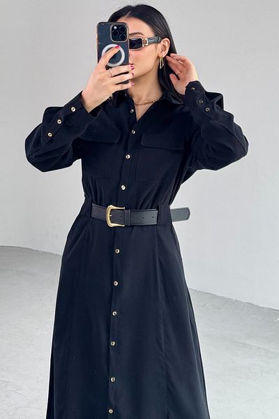 Cappmoda ELB-8189 Μαύρη ζώνη με λεπτομέρεια φόρεμα με κουμπιά