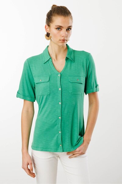 Desen Triko Green Candy Shop Women's Task Pocket Combed Cotton Shirt