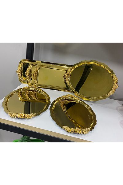 SEVA ÇELİK Gold Color 3 Pieces Oval 3 Pieces Rectangular Handle Model Service and Presentation Tray
