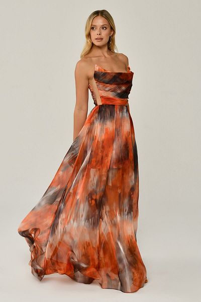 ALFABETA Boat Neck Patterned Tulle Long Evening Dress Alfa Beta