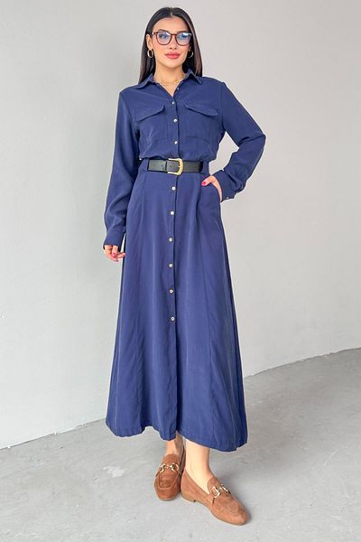 Cappmoda ELB-8189 Μπλε ναυτικό φόρεμα με κουμπιά με λεπτομέρεια τσέπης