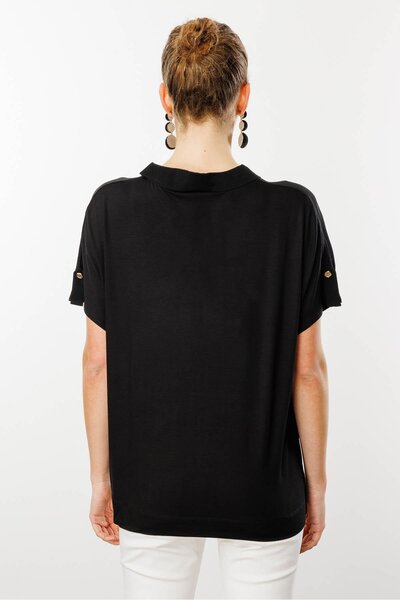 Desen Triko Women's Polo Neck Low Sleeve Shirt Black