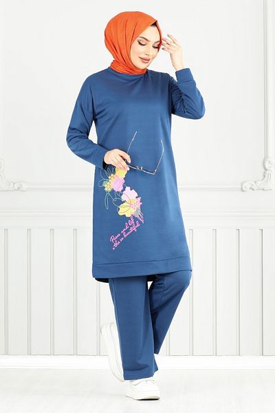 ModaMerve Floral Printed Hijab Suit 5093Uz1029-M Indigo