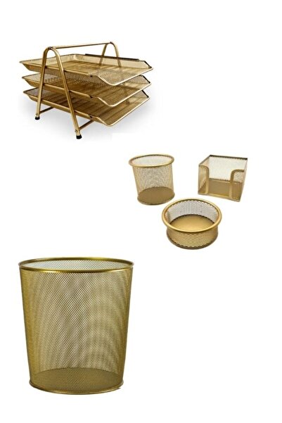 Mas Metal Ofis Seti Gold (3' Lü Evrak Rafı, Kalemlik, Ataşlık,, Çöp Kovası ) MAVİİ KIRTASİYE