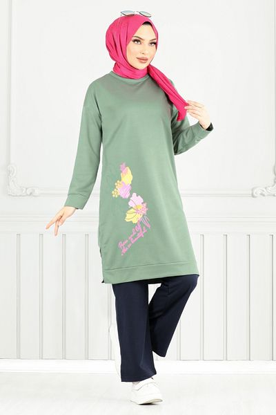 ModaMerve Floral Printed Hijab Suit 5093Uz1029-M Mint&Laci