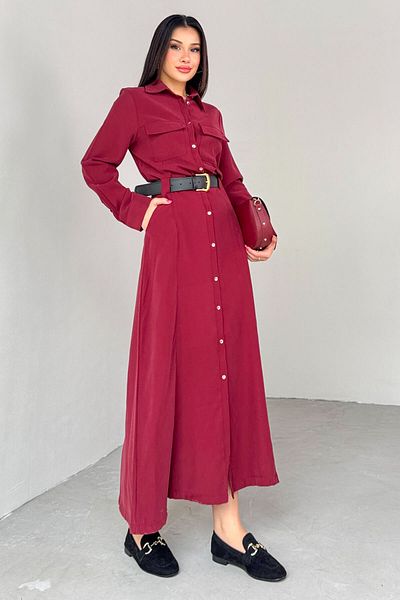 Cappmoda ELB-8189 Φόρεμα με κουμπιά με λεπτομέρεια με ζώνη μπορντό