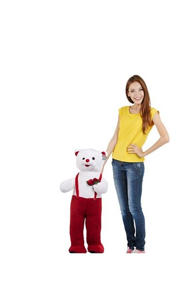Özgüner Oyuncak 80 Cm Red Floral Patterned Teddy Bear in Overalls