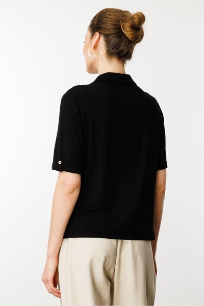 Desen Triko Women's Black Combed Cotton Shirt with Chest Pocket