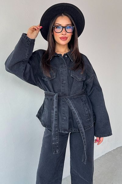 Cappmoda TKM-03688 طقم جينز بحزام من الدنيم الأسود مكون من قطعتين