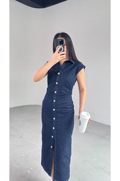 Cappmoda Elb-01752 Rochie lungă cu aspect de nasturi albastru închis cu fermoar ascuns Precomandă