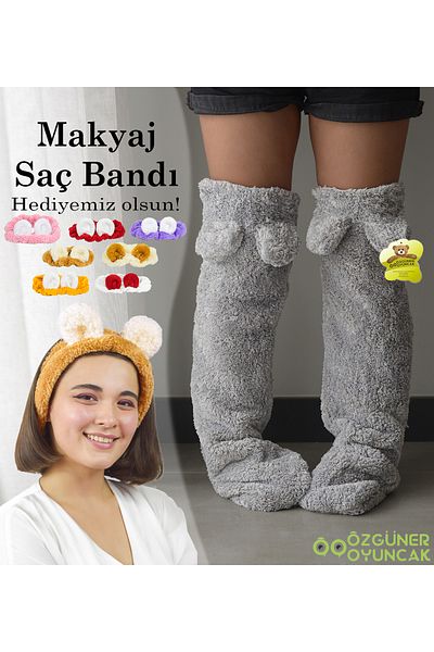 Özgüner Oyuncak Plush Socks with Ears Welsoft Above Knee Room Socks Winter Sleeping Socks Foot Warmer Long Socks
