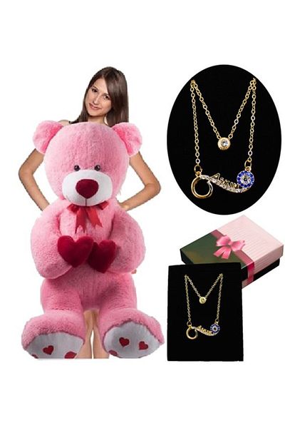 Özgüner Oyuncak 100 Cm Plush Bear - Double Heart Holding, My Love Heart Gift Necklace