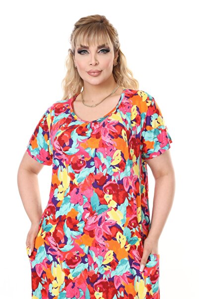 mezura tekstil Plus Size Women's Summer Double Pocket Knee Length Short Sleeve Midi Length Viscose Combed Cotton Dress