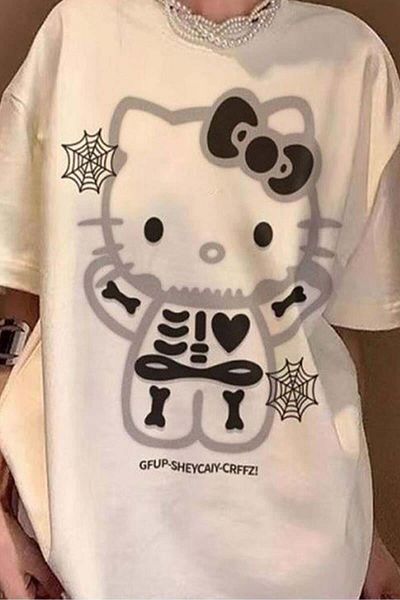 Köstebek Λευκό μπλουζάκι Hello Kitty Spooky Skeleton Unisex