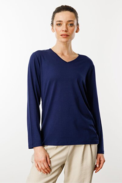 Desen Triko Жіноча блуза з V-подібним вирізом та довгими рукавами, синя
