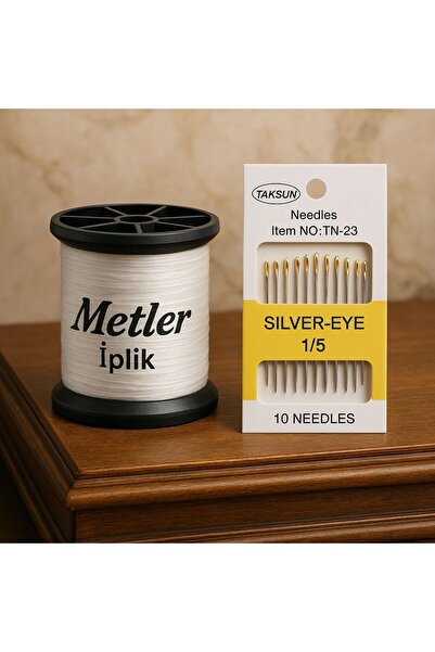 Metler مجموعة إبرة خياطة يدوية من تاكسون ذات عين فضية 10'lu + مجموعة خيوط خيا...