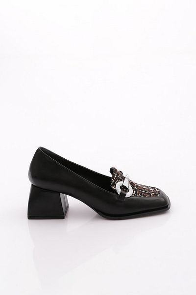 DGN Pantofi de damă cu vârf pătrat, textil, cataramă metalică, cu toc scurt, piele neagră 234462859