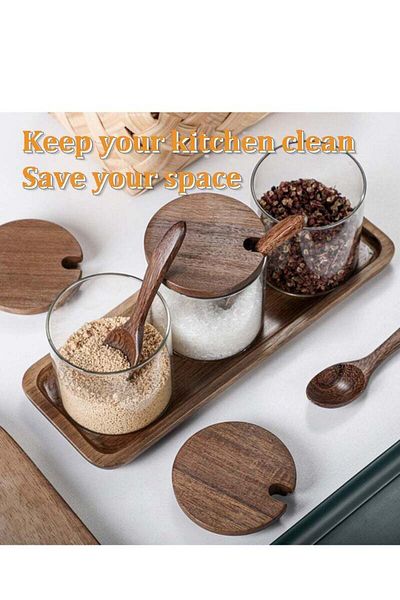 COOYA 3-Piece Spice Bottle Set, With Wooden Lid and Spoon, High-Quality Glass, Suitable for Kitchen