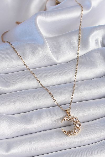 Skygo Gold Colored 316L Zircon Stone Crescent Model Women's Necklace - Tj-Bko9354