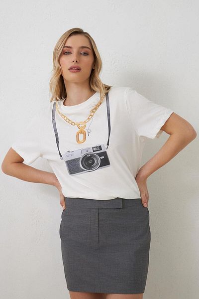 Setre Ecru Crew Neck Short Sleeve Cotton T-Shirt with Print Detail