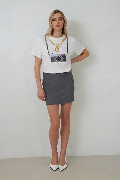 Setre Ecru Crew Neck Short Sleeve Cotton T-Shirt with Print Detail