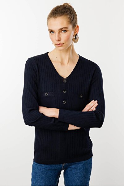 Desen Triko Жіноча блуза з V-подібним вирізом та ребристою обробкою, темно-синя