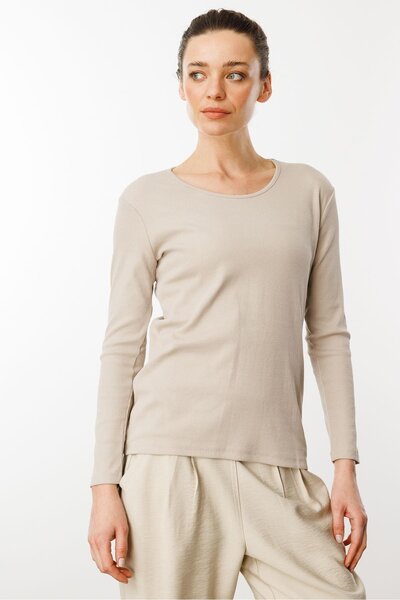 Desen Triko Beige Basic Cotton Women's Crew Neck Long Sleeve Blouse