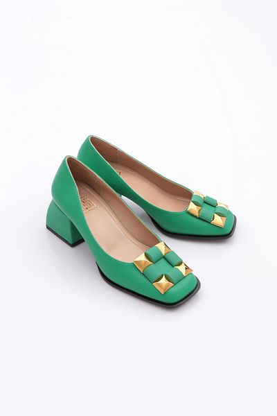 DGN Women's Square Buckle Short Thick Heeled Shoes Green 234492859