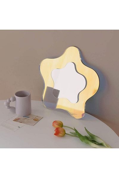 COOYA Irregular Wavy Vanity Funky Desk Mirror,with Wooden Stand for Living Room Bedroom Office and Home