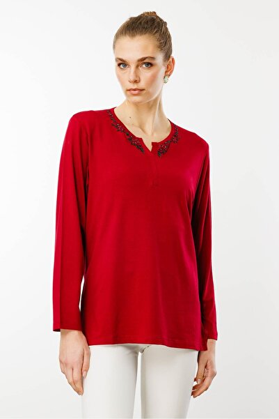 Desen Triko Жіноча блуза з відкритим коміром, мереживною вишивкою у вигляді к...