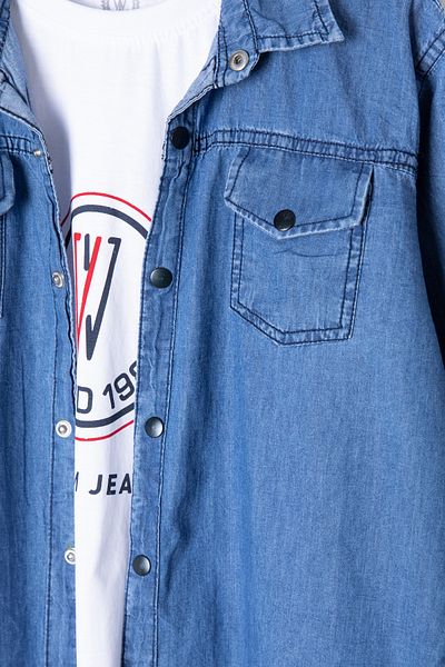 Cansın Mini Blue Crew Neck - Tricou Băiat Buzunar la piept Jean