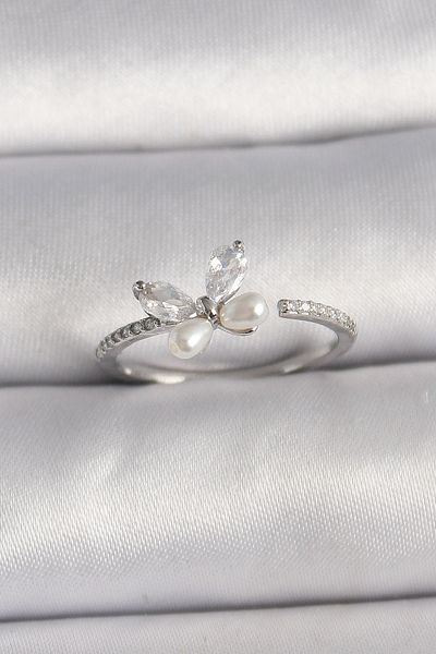 Skygo Brass Silver Color Zircon Stone Butterfly Model Pearl Detailed Adjustable Ring - Tj-Byk3558
