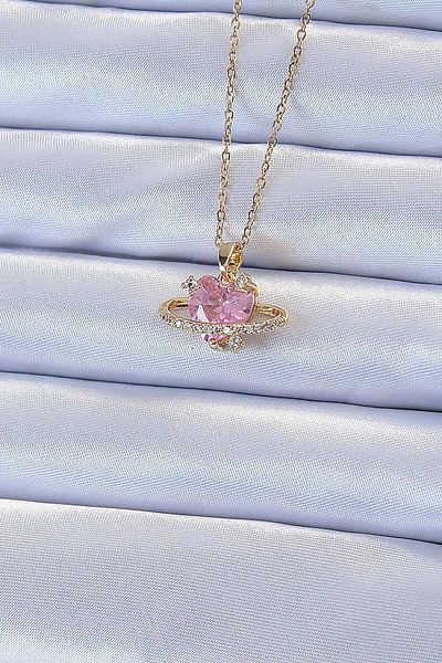 Skygo 316L Steel Chain Gold Color Pink Zircon Stone Saturn Look Heart Necklace - Tj-Bko9220