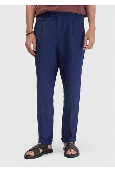 Ramsey Indigo Striped Woven Carrot Fit Casual 100% Linen Trousers
