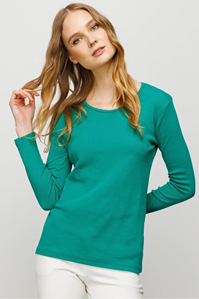 Desen Triko Жіноча блуза з довгими рукавами та круглим вирізом, бавовна, зелена