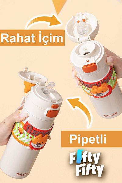 Vagonlife Languages 480 ml Single Lid Dual Use Straw With/Without Straw Carrying Handle Vacum Cup/Steel Thermos -Ffdıl