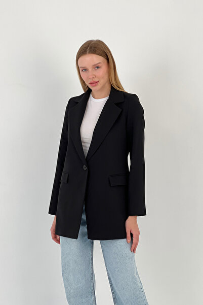So Sweet Kadın Yazlık Düğmeli Ofis Blazer Uzun Siyah Ceket